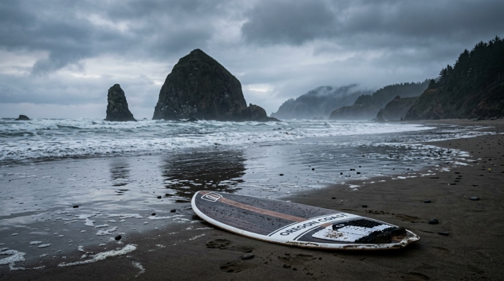 A rider swiftly gliding across shallow water on a flat Oregon beach coastline.
