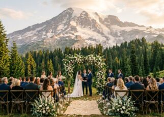 Outdoor Washington wedding ceremony setup with white floral arch and mountain background.