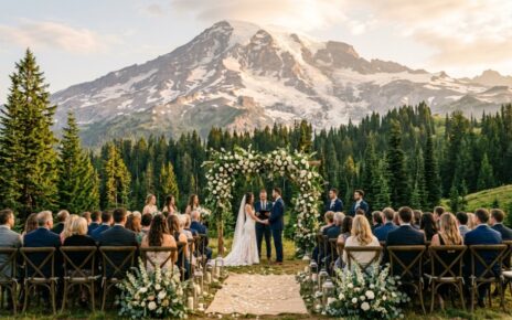 Outdoor Washington wedding ceremony setup with white floral arch and mountain background.