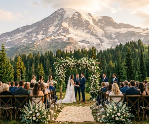 Outdoor Washington wedding ceremony setup with white floral arch and mountain background.