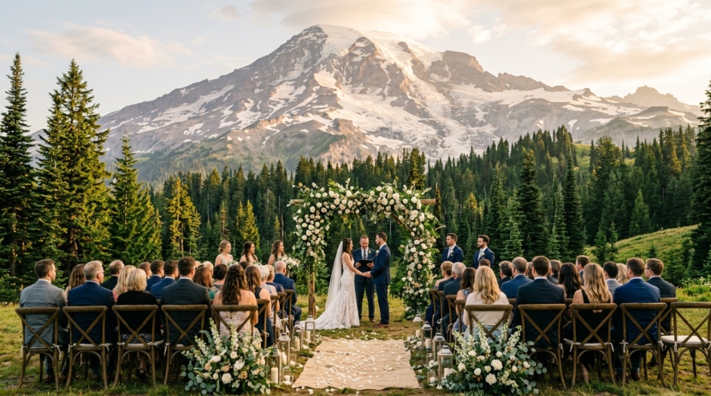 Outdoor Washington wedding ceremony setup with white floral arch and mountain background.