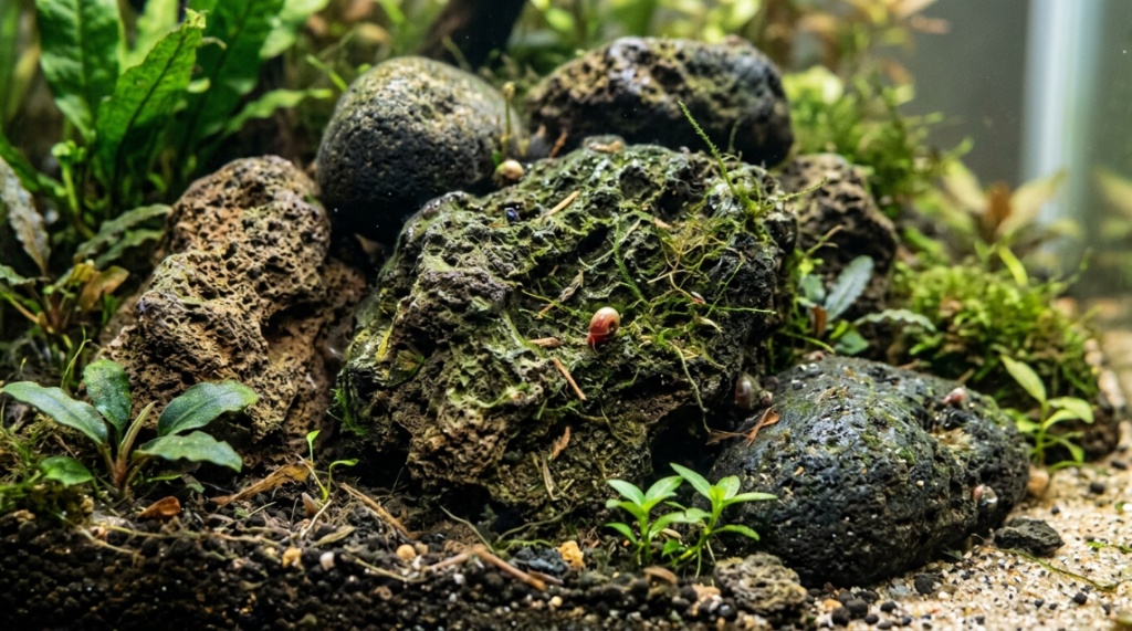 Vibrant freshwater aquarium featuring stacked budget rocks and lush aquatic plants.