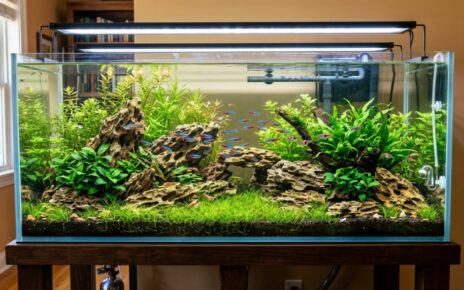 Vibrant freshwater aquarium featuring stacked budget rocks and lush aquatic plants.