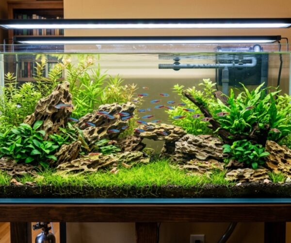 Vibrant freshwater aquarium featuring stacked budget rocks and lush aquatic plants.