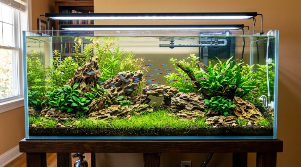 Vibrant freshwater aquarium featuring stacked budget rocks and lush aquatic plants.