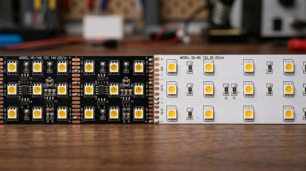 Side by side comparison of two different flexible LED circuit boards.
