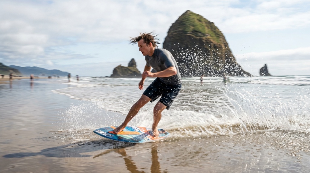 A high-end skimboard resting on the wet sand of a misty Oregon beach.