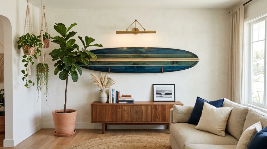 A coastal styled living room featuring a longboard displayed as wall art above a couch.