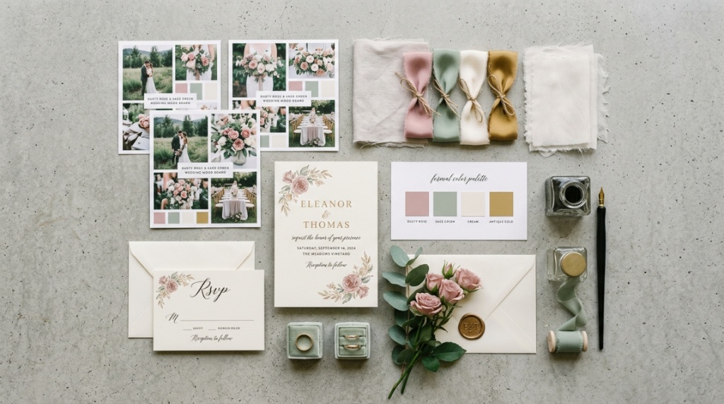 Flatlay of wedding decor color palettes, fabric swatches, and design mood boards.