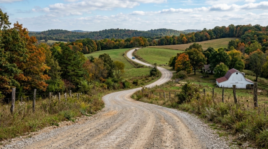 Rolling gravel road course through Northwest Arkansas countryside