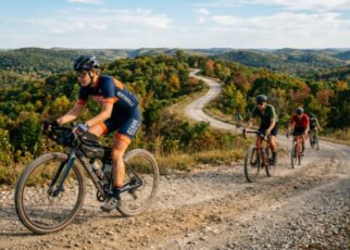 Gravel cyclists riding through the Ozark hills near Bentonville
