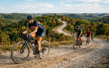 Gravel cyclists riding through the Ozark hills near Bentonville