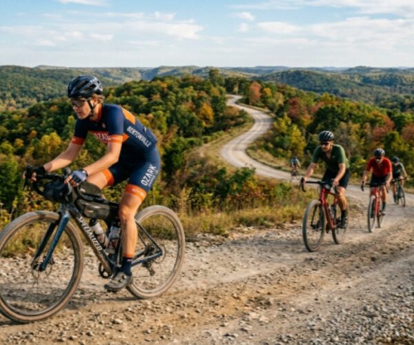 Gravel cyclists riding through the Ozark hills near Bentonville