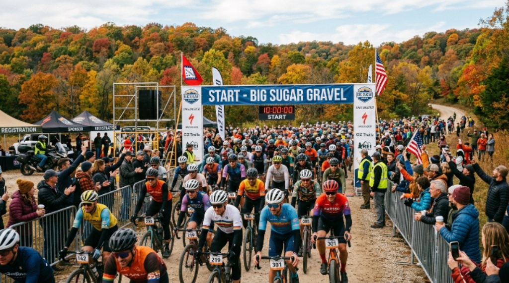 Arkansas Start line crowd at a fall gravel cycling race in Bentonville