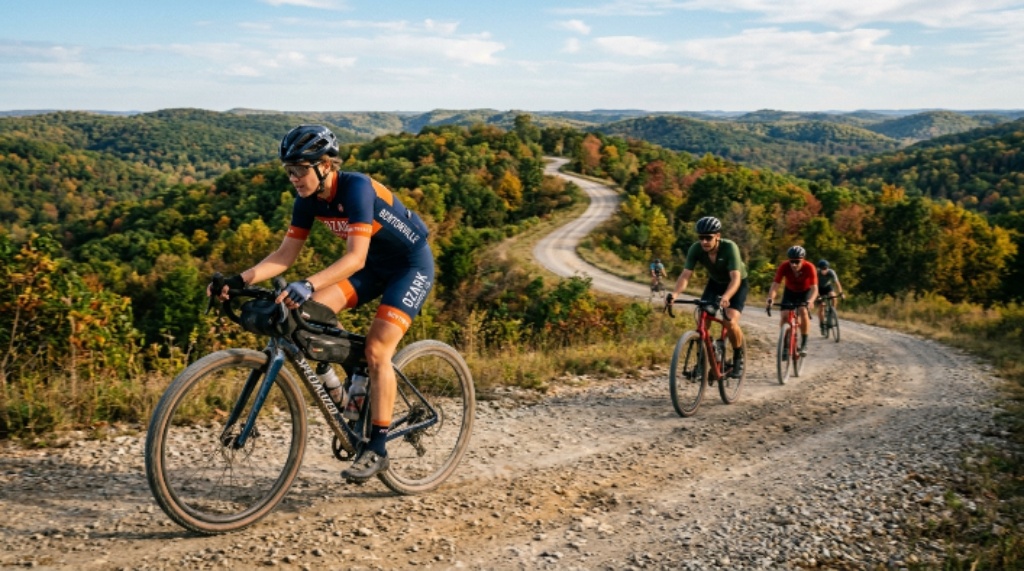 Gravel cyclists riding through the Ozark hills near Bentonville