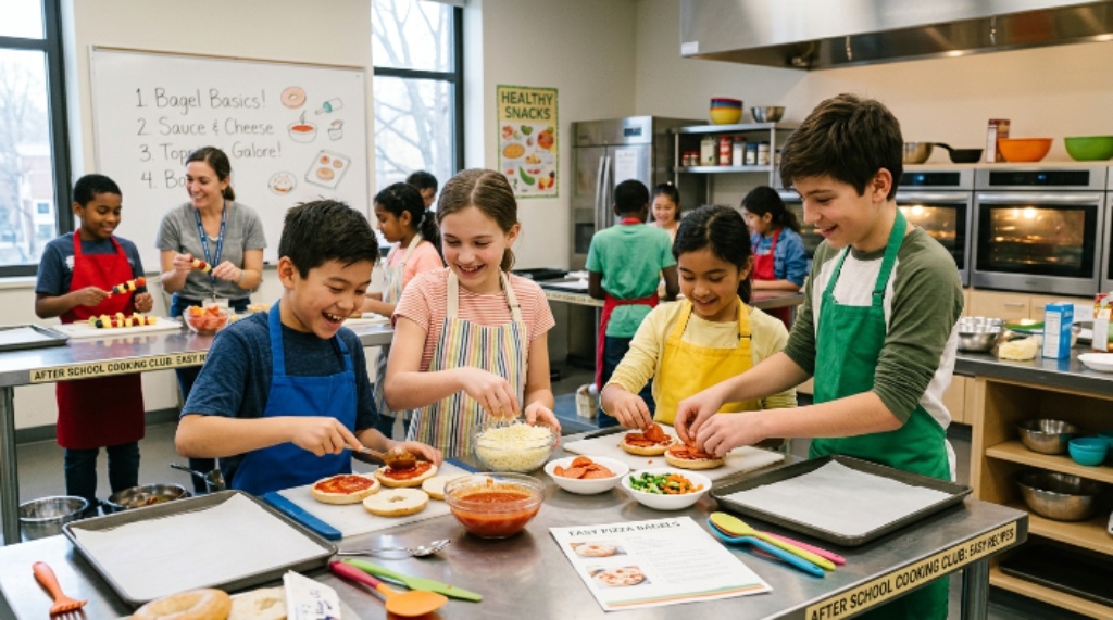 Students making easy recipes as part of an interactive after school cooking club