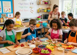 Kids preparing healthy snacks during an after school cooking club session