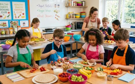 Kids preparing healthy snacks during an after school cooking club session