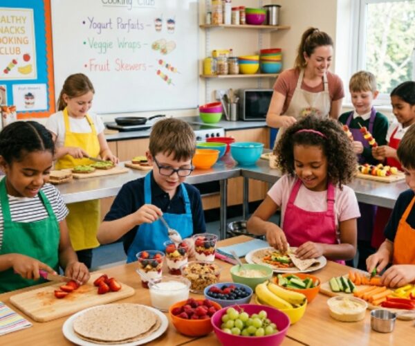 Kids preparing healthy snacks during an after school cooking club session