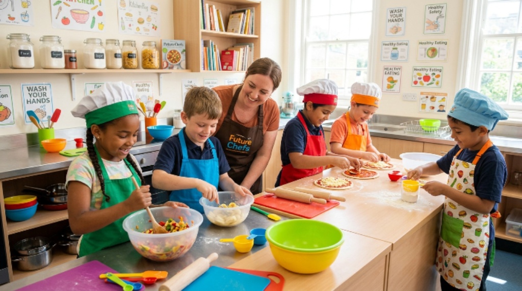 Children learning simple cooking skills together in a fun classroom kitchen
