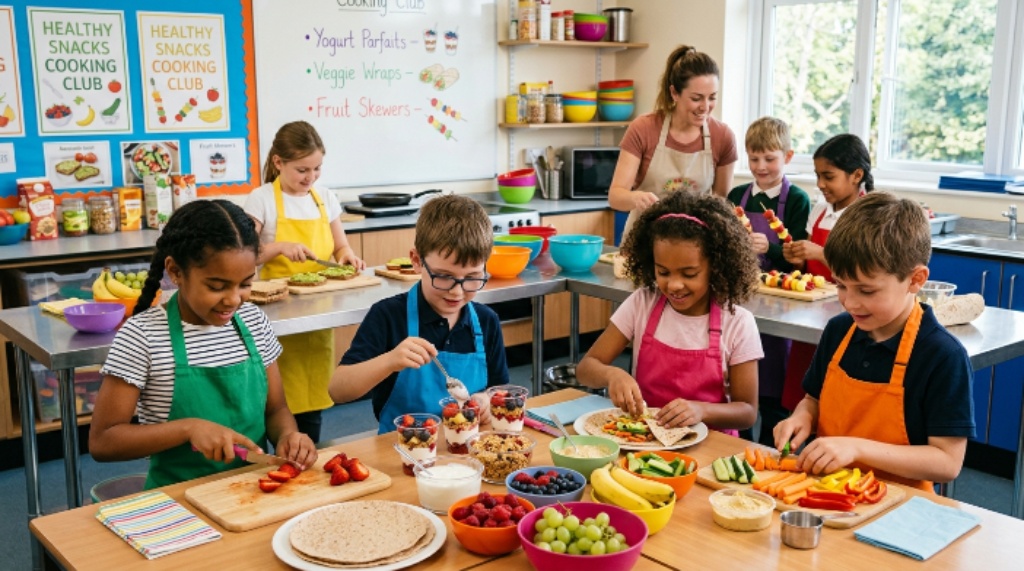 Kids preparing healthy snacks during an after school cooking club session