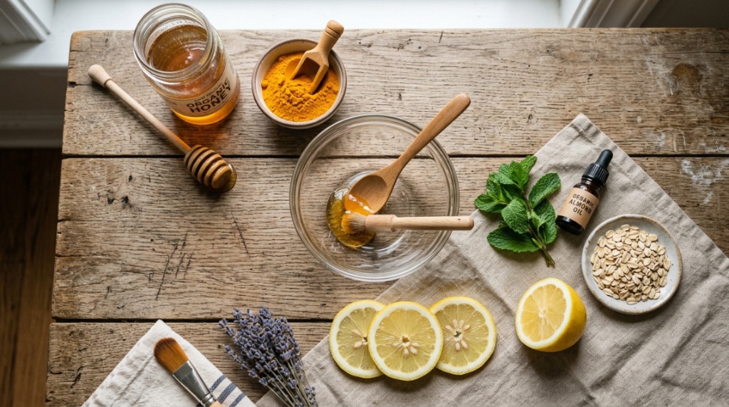Natural DIY skincare ingredients arranged on a wooden table