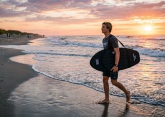 Skimboarder carrying a padded travel bag on an NC beach.