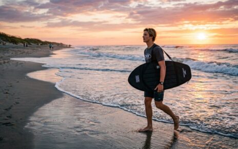 Skimboarder carrying a padded travel bag on an NC beach.