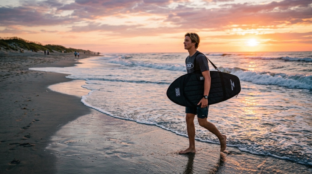 Skimboarder carrying a padded travel bag on an NC beach.
