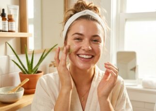Woman applying natural gel on her face for glowing skin