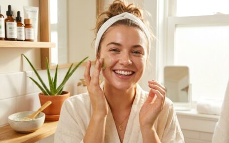 Woman applying natural gel on her face for glowing skin
