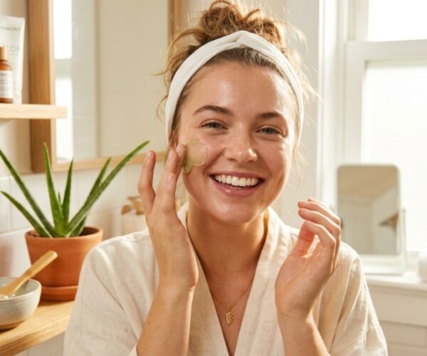 Woman applying natural gel on her face for glowing skin