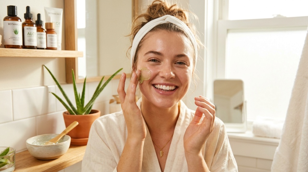 Woman applying natural gel on her face for glowing skin