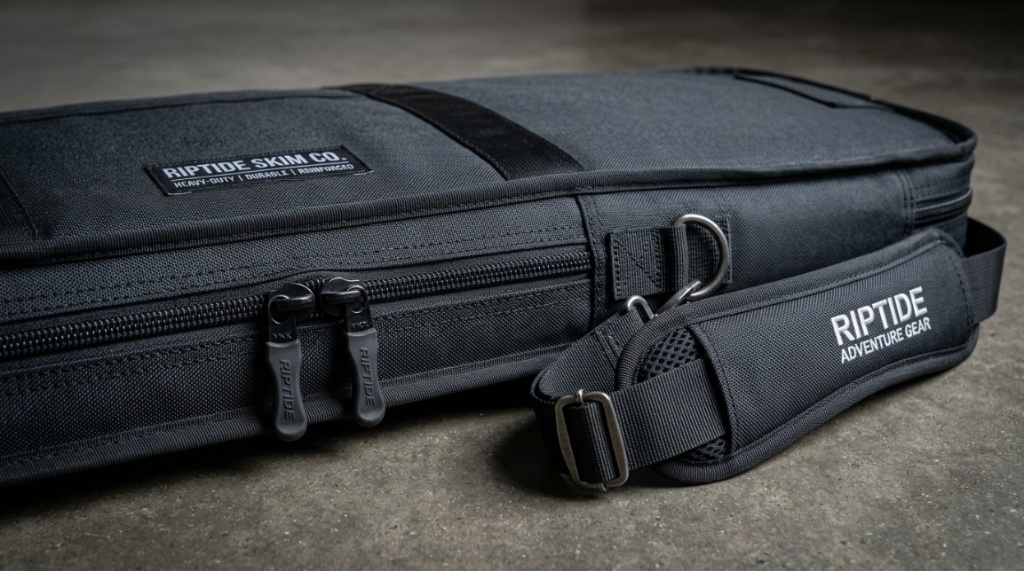 Durable zippered skimboard bag with heavy-duty shoulder straps.