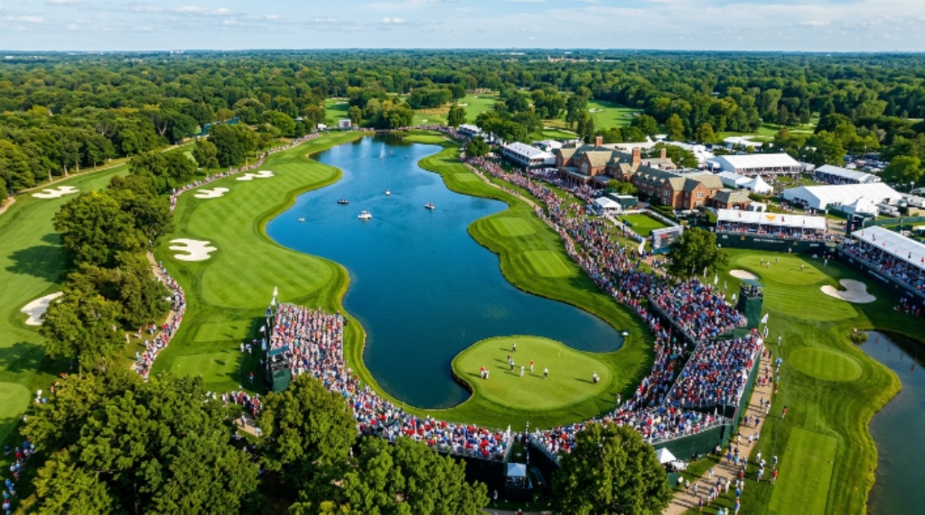 Aerial view of Medinah Country Club's Course No. 3 showing the lake, tree-lined fairways, and large spectator galleries during the 2026 Presidents Cup in September
