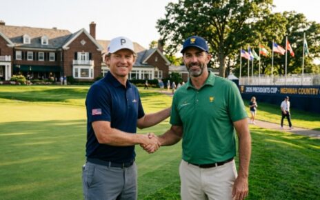 US captain Brandt Snedeker and International captain Geoff Ogilvy shaking hands at Medinah Country Club ahead of the 2026 Presidents Cup competition in Illinois