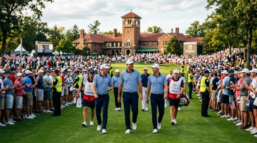 Scottie Scheffler and teammates walking the fairway at Medinah Country Club during the 2026 Presidents Cup match play competition, with crowds lining the course