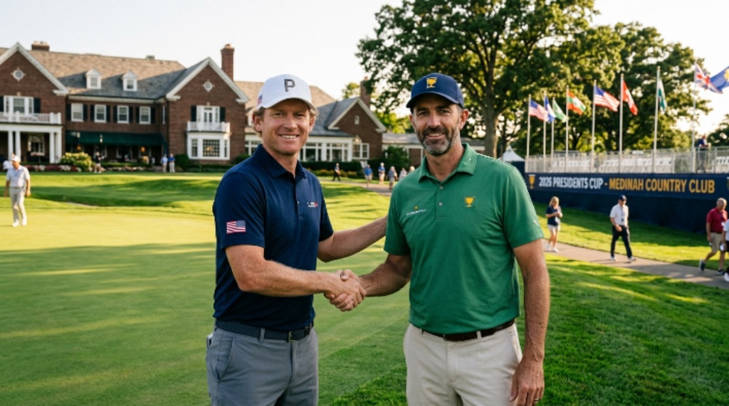 US captain Brandt Snedeker and International captain Geoff Ogilvy shaking hands at Medinah Country Club ahead of the 2026 Presidents Cup competition in Illinois