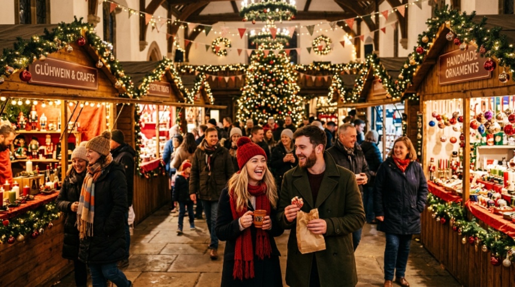 Warm and cheerful indoor Christmas market scene with holiday decorations and smiling visitors