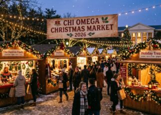 Festive holiday market vendor booths decorated with lights and holiday ornaments at Chi Omega Christmas Market 2026
