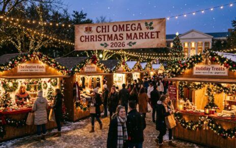 Festive holiday market vendor booths decorated with lights and holiday ornaments at Chi Omega Christmas Market 2026