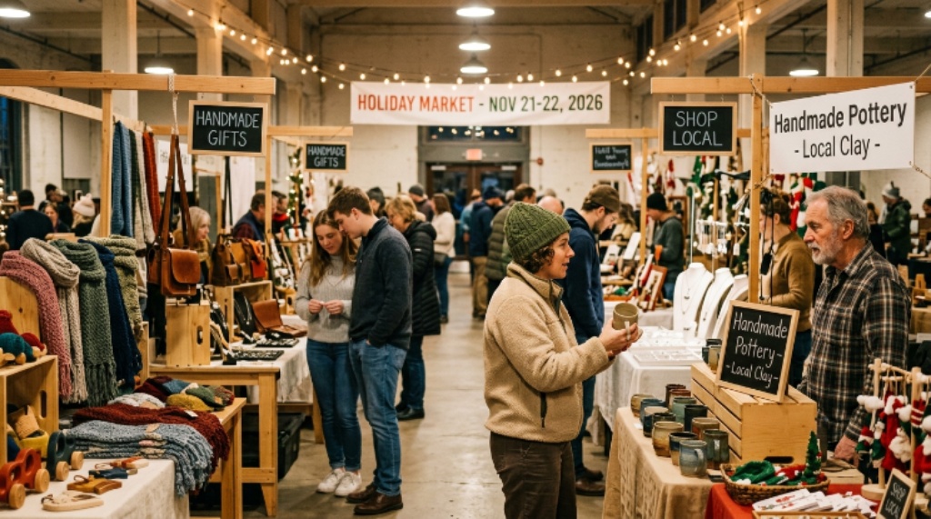 Shoppers browsing handmade gifts and crafts at an indoor holiday market in November 2026