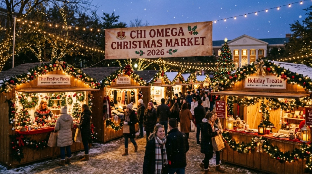 Festive holiday market vendor booths decorated with lights and holiday ornaments at Chi Omega Christmas Market 2026