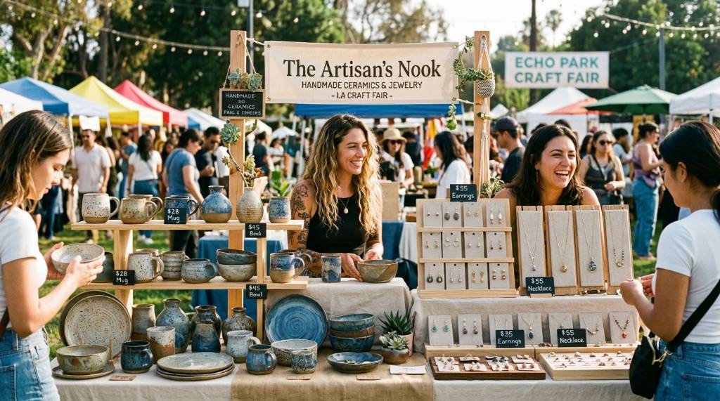 Handmade ceramics and jewelry displayed at an independent craft fair in Los Angeles