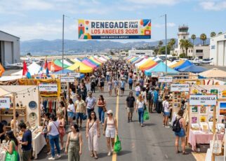 Colorful outdoor vendor booths at Renegade Craft Fair Los Angeles 2026 at Santa Monica Airport