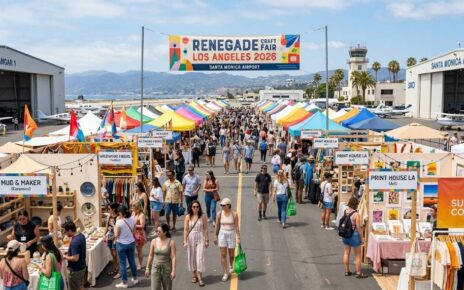 Colorful outdoor vendor booths at Renegade Craft Fair Los Angeles 2026 at Santa Monica Airport