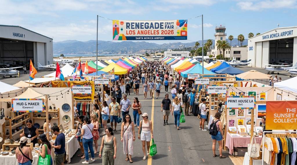 Colorful outdoor vendor booths at Renegade Craft Fair Los Angeles 2026 at Santa Monica Airport