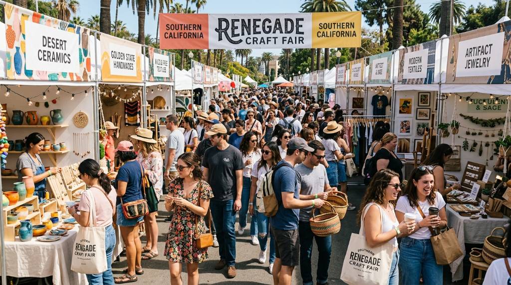 Crowd of shoppers browsing artisan goods at the Renegade Craft Fair in Southern California