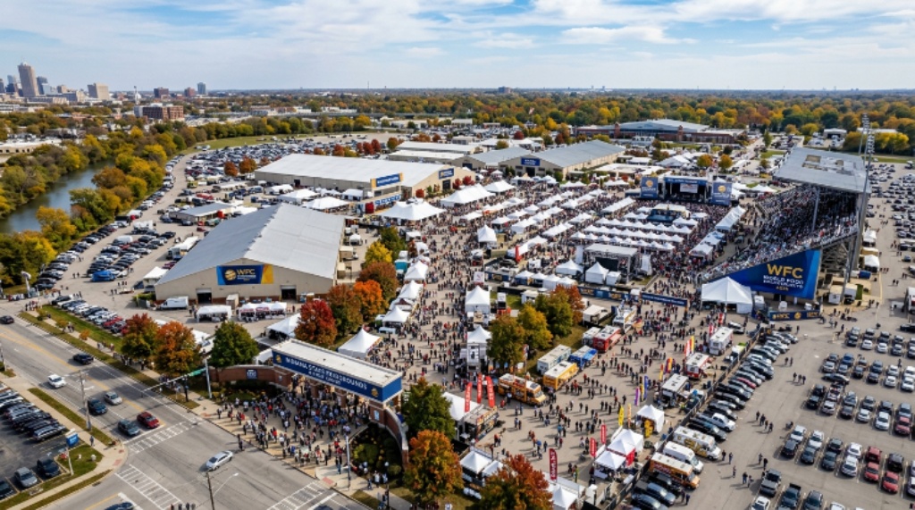 Aerial view of the Indiana State Fairgrounds hosting the World Food Championships October 2026