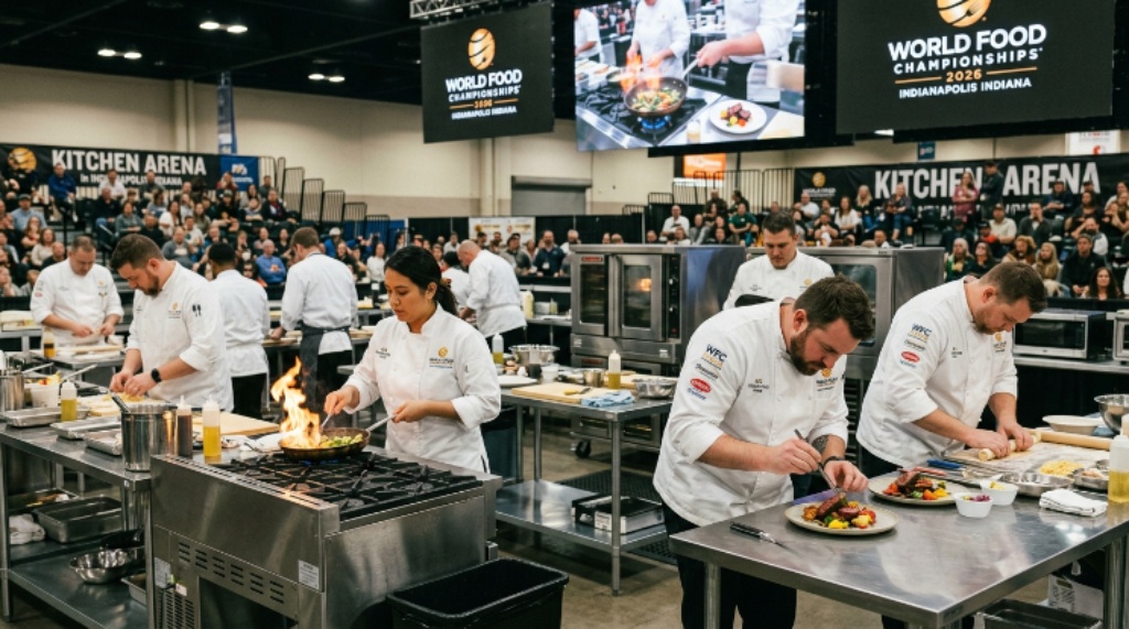 Chefs competing in the Kitchen Arena at the World Food Championships 2026 in Indianapolis Indiana